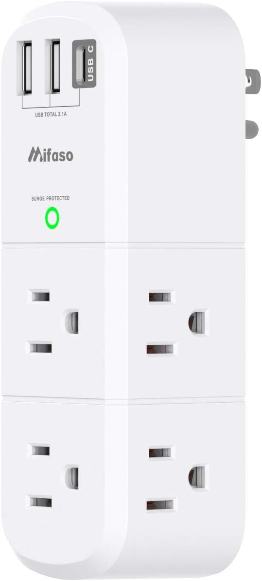USB Outlet Extender Surge Protector - with Rotating Plug, 6 AC Multi Plug Outlet and 3 USB Ports (1 USB C), 3-Sided Swivel Power Strip with Spaced Outlet Splitter for Home, Office, Travel