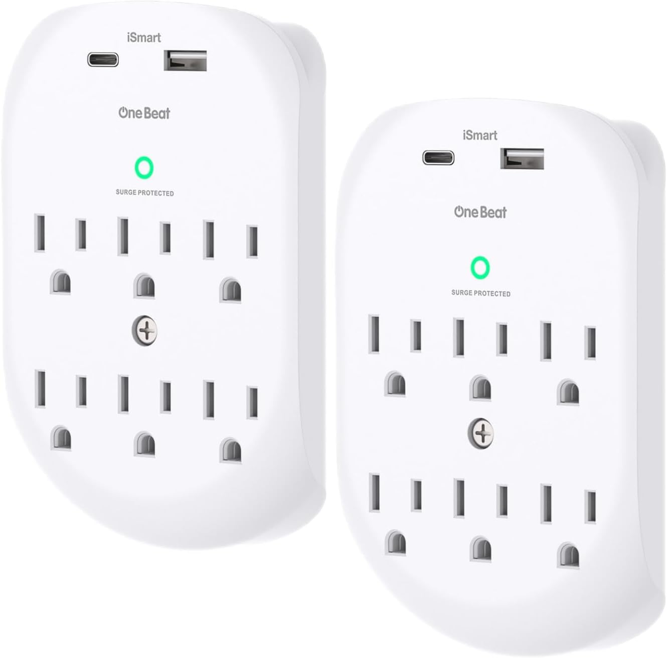 2 Pack 6-Outlet Wall Surge Protector, Multi Plug Outlet Extender, Outlet Wall Mount Adapter with 2 USB Charging Ports 2.4 A, 490 Joules for Home, School, Office
