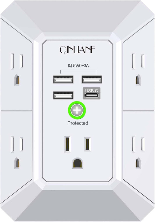 Wall Charger, Surge Protector, QINLIANF 5 Outlet Extender with 4 USB Charging Ports (4.8A Total) 3-Sided 1680J Power Strip Multi Plug Adapter Spaced for Home Travel Office (3U1C)