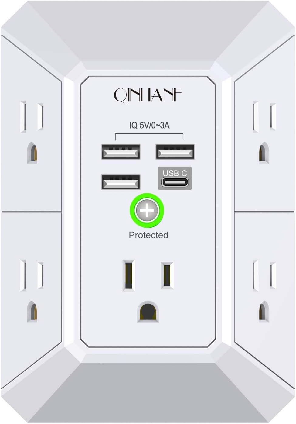Wall Charger, Surge Protector, QINLIANF 5 Outlet Extender with 4 USB Charging Ports (4.8A Total) 3-Sided 1680J Power Strip Multi Plug Adapter Spaced for Home Travel Office (3U1C)