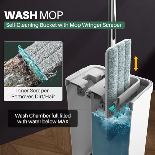JOYMOOP Mop and Bucket with Wringer Set, Model #2124, White, Polypropylene, Flat, for Floor Cleaning with 3 Microfiber Pads, Wet and Dry Use, Household Cleaning Tools, for Hardwood, Laminate, Tile