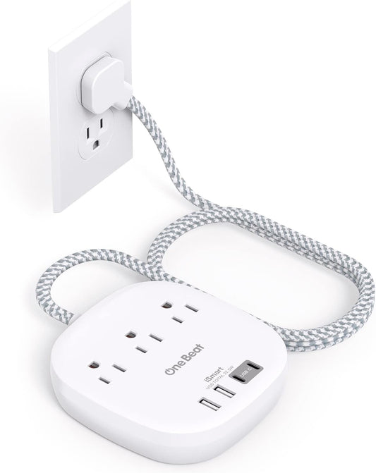 One Beat Flat Plug Power Bar with USB C, 6FT Ultra-Thin Extension Cord, 3 Outlet with 4 USB Ports (2 USB C) Desktop Charging Station, No Surge Protection for Cruise Ship, Travel Essentials, Dorm Room