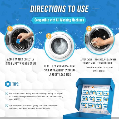 Washing Machine Cleaner for Pet Owners - ACTIVE Enzymatic Deep Clean Descaler for Cat & Dog Hair, Urine, Odor, Residue, 24 Septic-Safe Tablets for Top Load, Front Loader, HE Washer Tub - 1 Year Supply