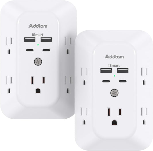 2 Pack USB Wall Charger Surge Protector, Multi Plug Outlet with 5 Outlet Extender and 4 USB Charging Ports (2 USB C Outlet) 3 Sided 1800J Power Bar for Home Travel Office