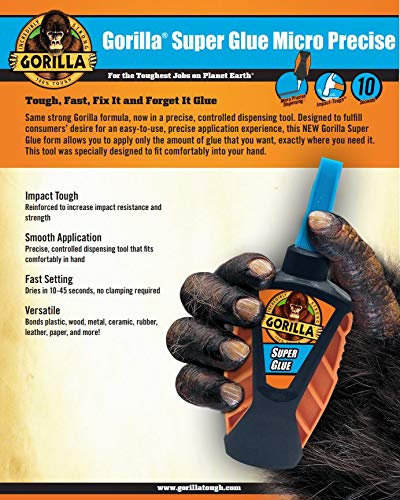 Gorilla Micro Precise Super Glue, Fast-Setting Cyanoacrylate, Precise Applicator, Anti-Clog Cap, Clear, 0.19oz/5g, Pack of 1