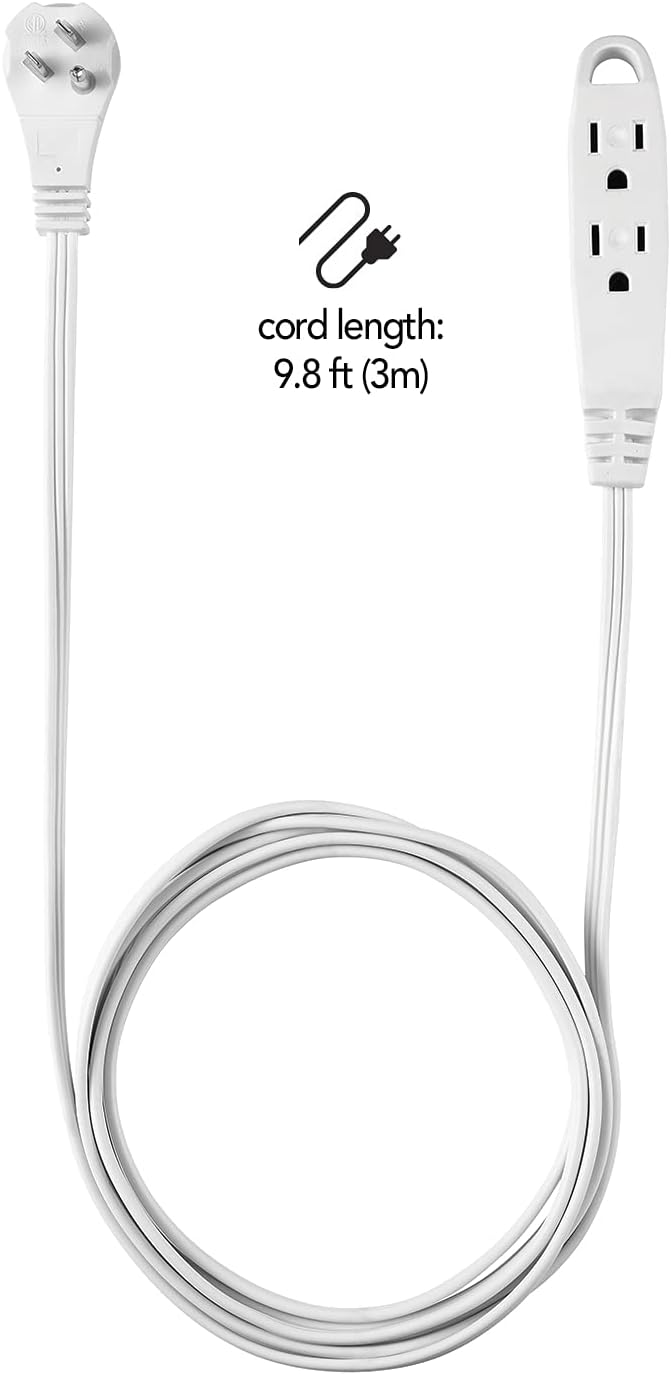 Globe Electric 24302 10ft Medium Duty 3-Outlet Indoor Extension Cord, Grounded, Right Angle Plug, White