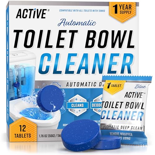 Automatic Toilet Bowl Cleaner Tablets - ACTIVE Blue Gel Toilet Tank Cleaners, Septic-Safe Hard Water Ring Stain Remover, Smell Eliminator Heavy Duty Toilet Cleaning & Deodorizer, Fresh Scent - 12 Tabs