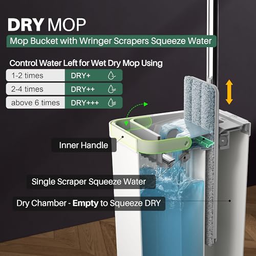 JOYMOOP Mop and Bucket with Wringer Set, Model #2124, White, Polypropylene, Flat, for Floor Cleaning with 3 Microfiber Pads, Wet and Dry Use, Household Cleaning Tools, for Hardwood, Laminate, Tile