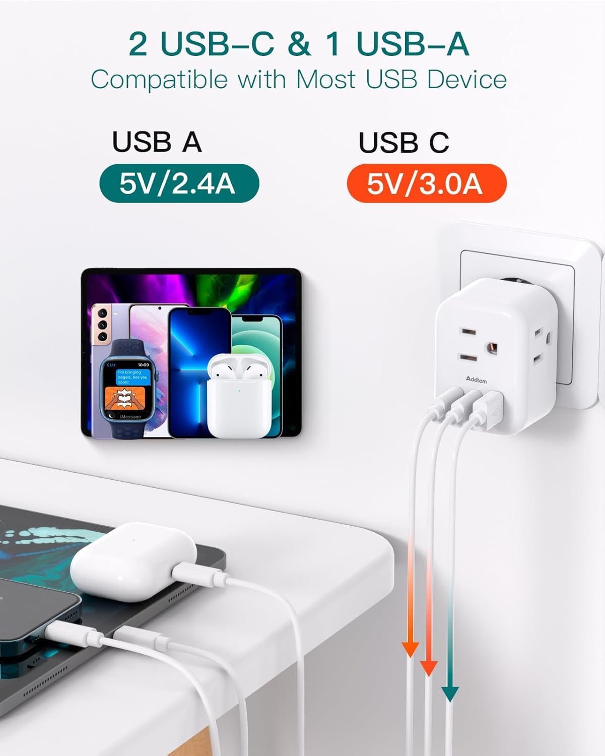 European Travel Plug Adapter, International Power Plug Adapter with 3 Outlets 3 USB Charging Ports(1 USB C), Travel Essentials to Italy,Greece,Israel,France, Spain (Type C)