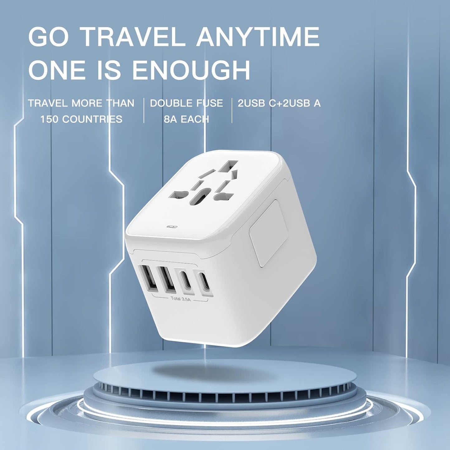 VYLEE Universal International Power Travel Plug Adapter, 5 in 1 European Travel Plug Adapter W/ 3.5A 2xUSB-A and 2xUSB C Wall Charger and Worldwide AC Outlet for Europe USA UK AUS Asia (White)