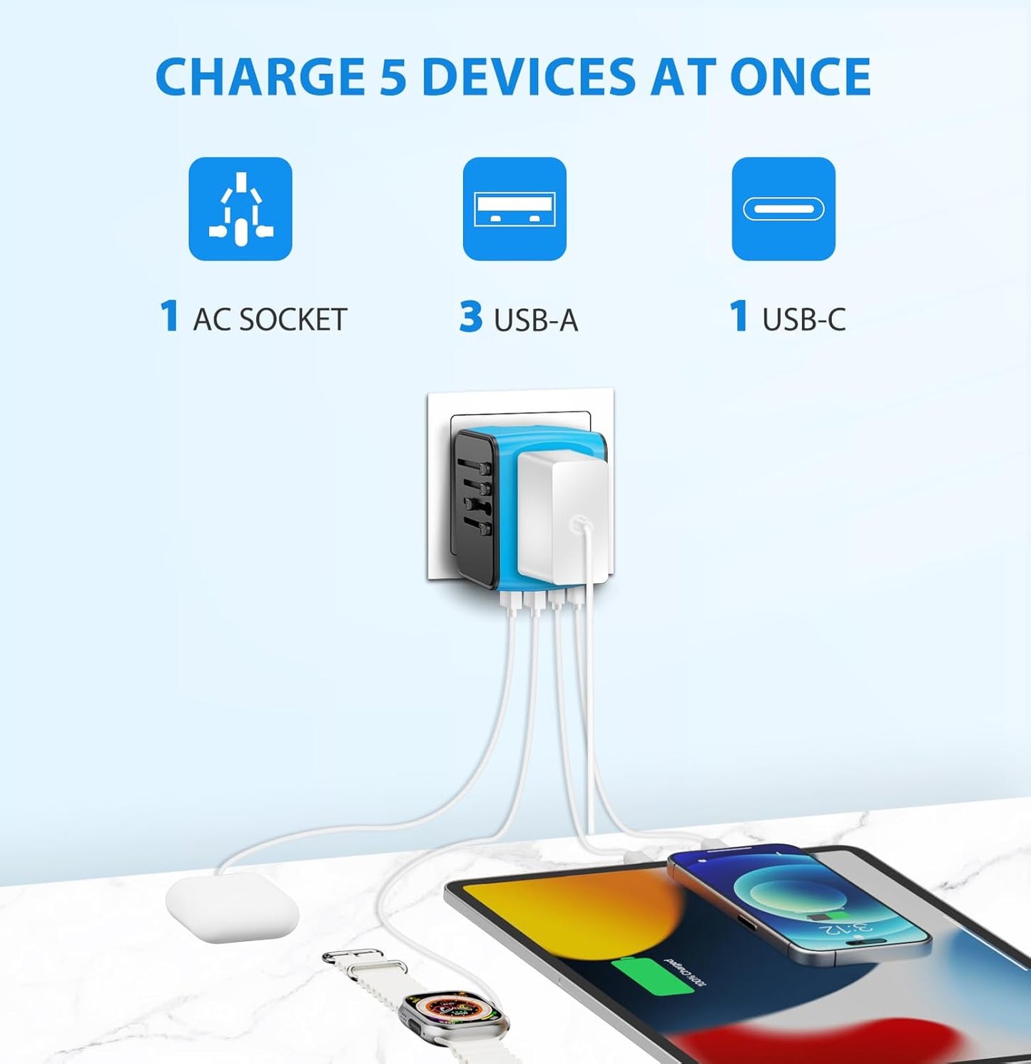 Universal International Travel Power Adapter, All in One Wall Charger with High Speed 2.4A 3xUSB, 3.0A Type-C, European Adapter, Worldwide AC Outlet Plugs for UK, EU, AU & Asia (Blue)