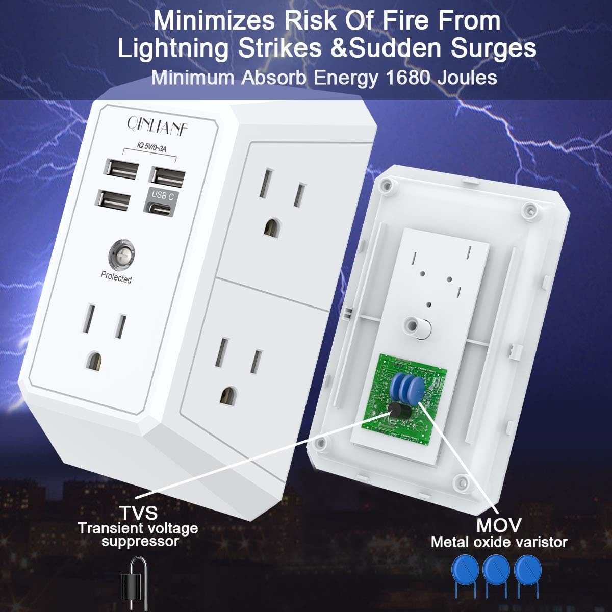 Wall Charger, Surge Protector, QINLIANF 5 Outlet Extender with 4 USB Charging Ports (4.8A Total) 3-Sided 1680J Power Strip Multi Plug Adapter Spaced for Home Travel Office (3U1C)