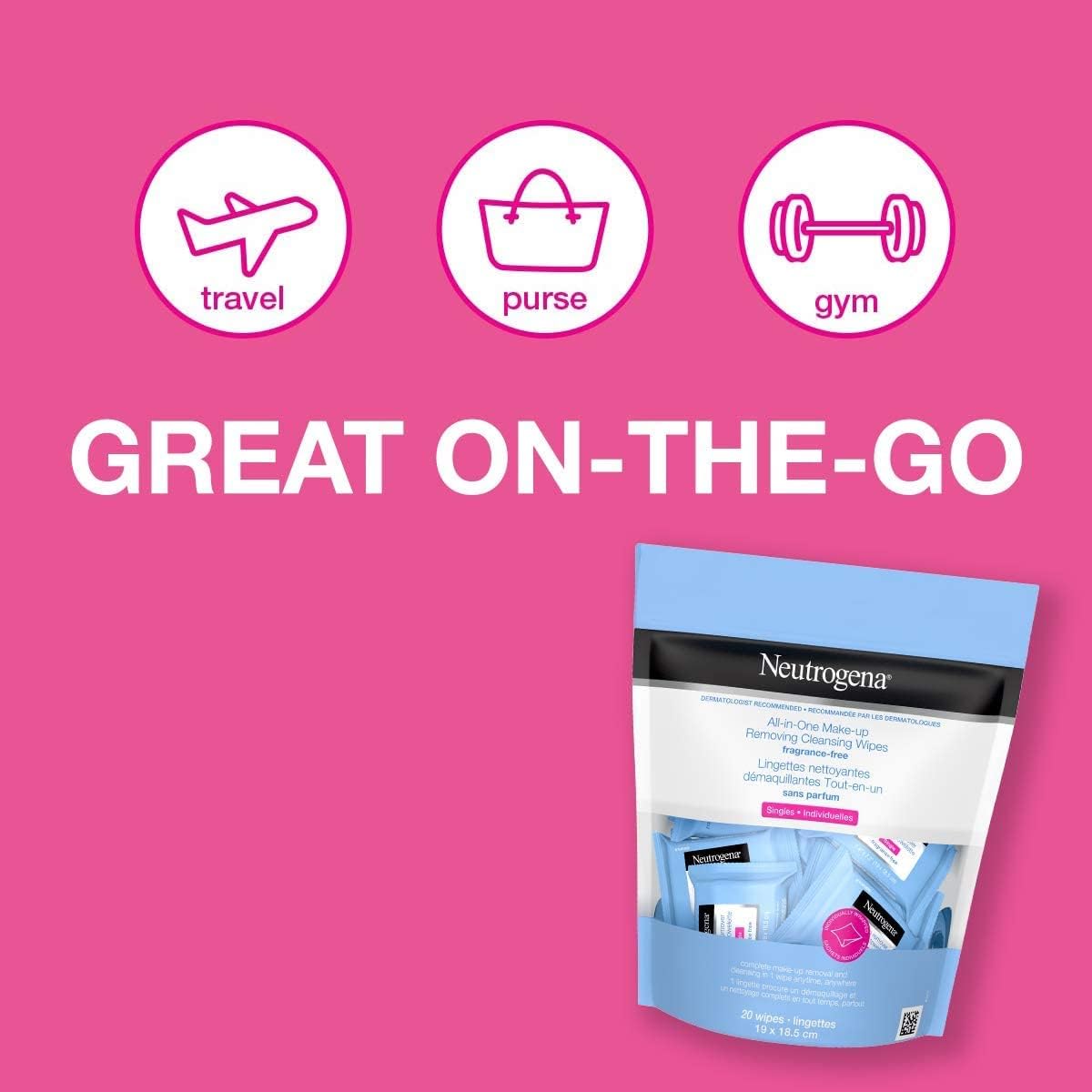 Neutrogena All-in-One Makeup Removing Cleansing Wipes, Waterproof Mascara Removal, Fragrance Free, Travel Pack, 20 Count