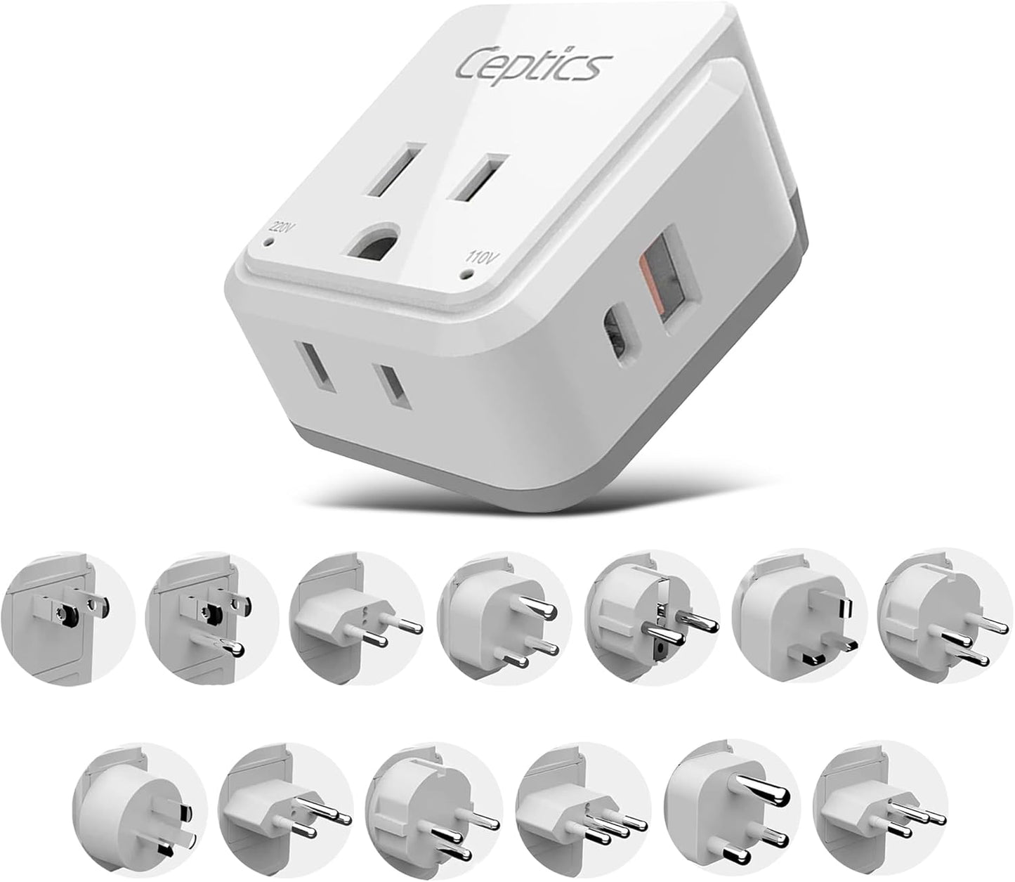 Ceptics International Travel Plug Adapter Set (Type A, B, C, D, E/F, G, H, I, J, K, L, M, N) - 4 in 1 - 2 Canadian Socket - 1 USB & 1 USB-C (3.1A) - Compact & Powerful (PAK-ALL)