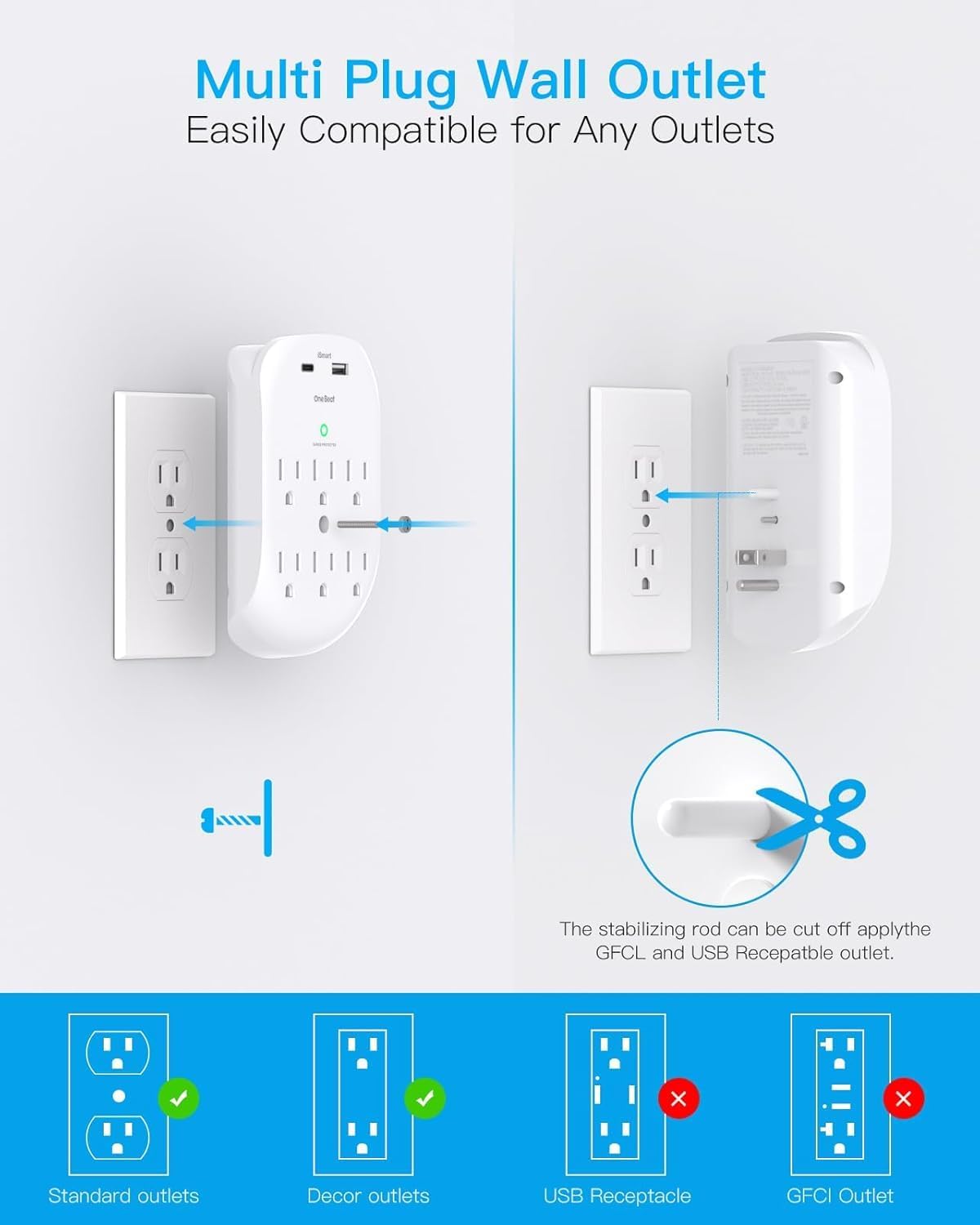 2 Pack 6-Outlet Wall Surge Protector, Multi Plug Outlet Extender, Outlet Wall Mount Adapter with 2 USB Charging Ports 2.4 A, 490 Joules for Home, School, Office