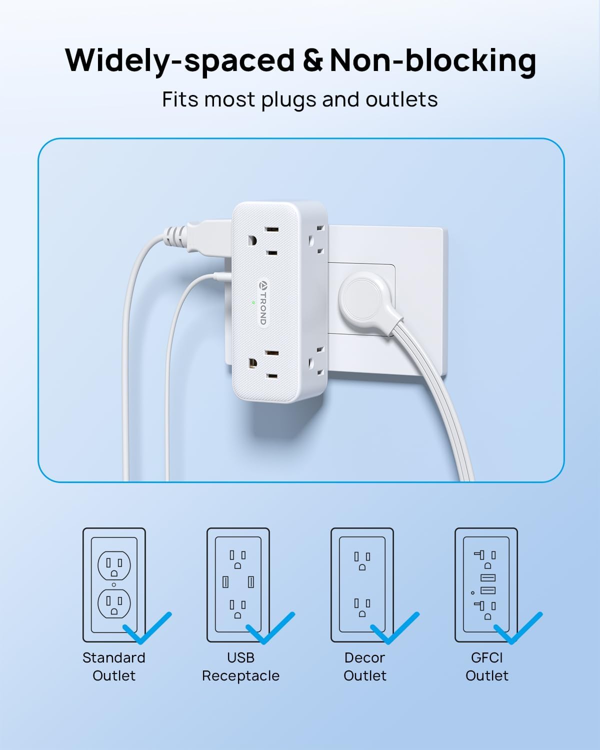 TROND 360° Rotating Plug Surge Protector Outlet Extender, 6 Multi Flat Charging Plug Splitters with 2 PD 20W USB C Ports, 3 Side Electrical Wall Adapter for Home Office Dorm Bathroom Travel Essentials