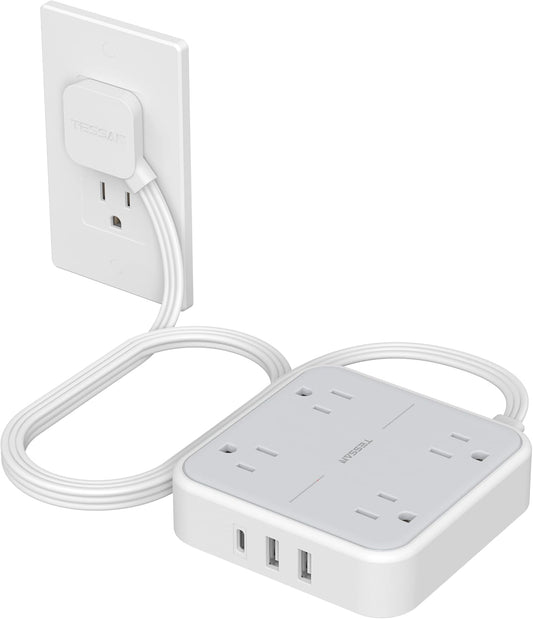 Flat Plug Extension Cord Indoor 5 Ft, Power Bars with Surge Protector, TESSAN Power Strip with 4 Multiple Outlets 3 USB Ports (1 USB C), Surge Protection for Dorm Room Home Office, Gray