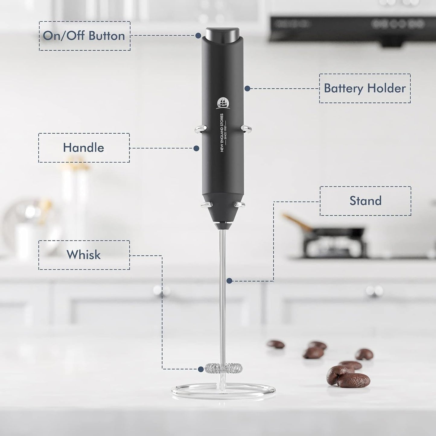 Powerful Milk Frother Handheld Foam Maker, Mini Whisk Drink Mixer for Coffee, Cappuccino, Latte, Matcha, Hot Chocolate, with Stand, Black