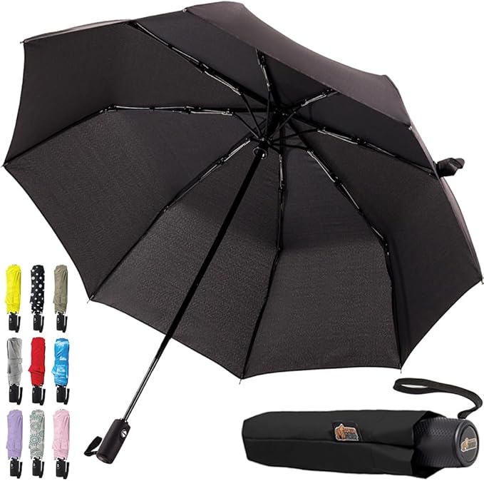 GORILLA GRIP Windproof Compact Stick Umbrella for Rain, One-Click Automatic Open and Close, Strong Reinforced Fiberglass Ribs, Easily Collapsible, Lightweight Portable Umbrellas for Travel