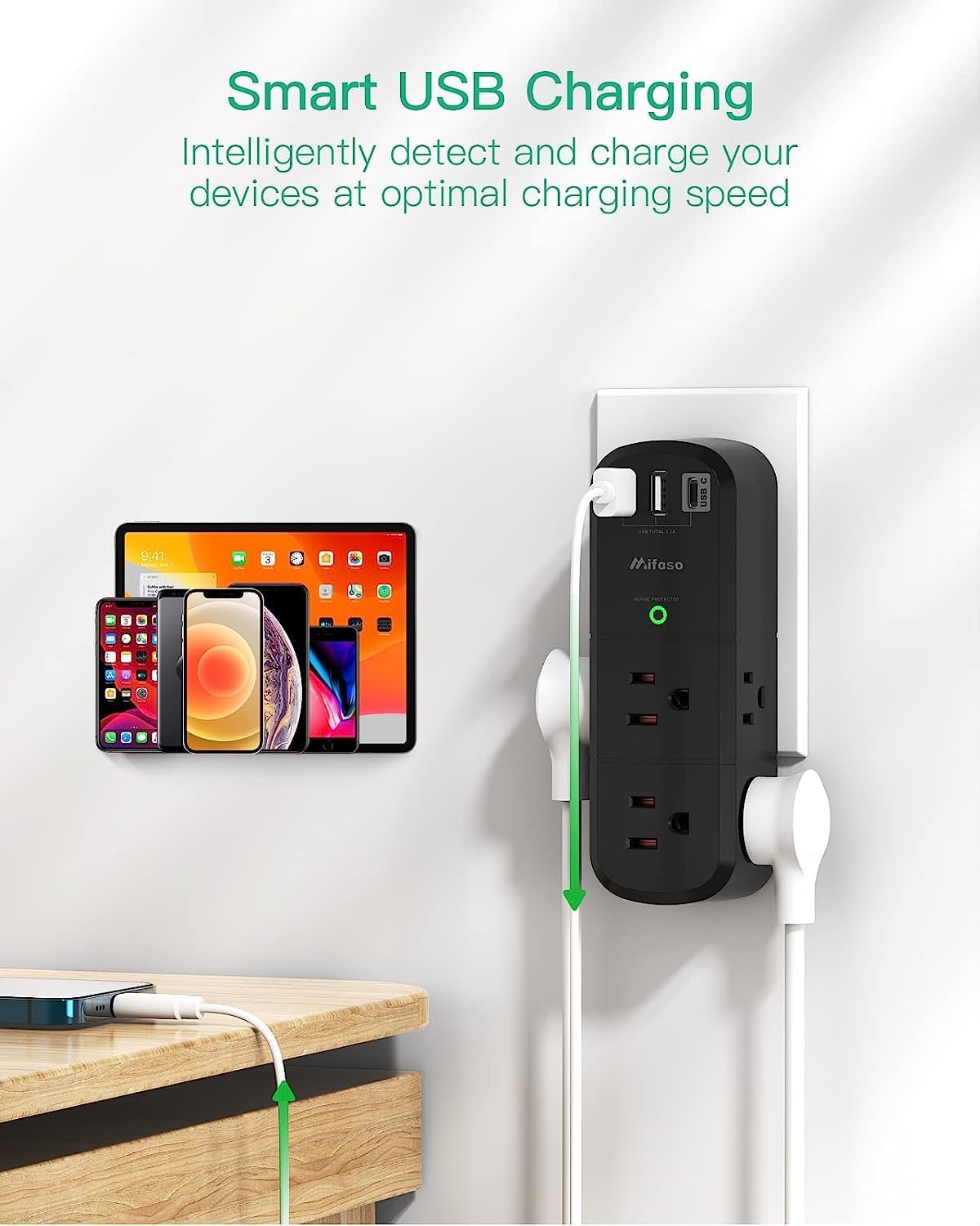 USB Outlet Extender Surge Protector - with Rotating Plug, 6 AC Multi Plug Outlet and 3 USB Ports (1 USB C), 3-Sided Swivel Power Strip with Spaced Outlet Splitter for Home, Office, Travel (Black)
