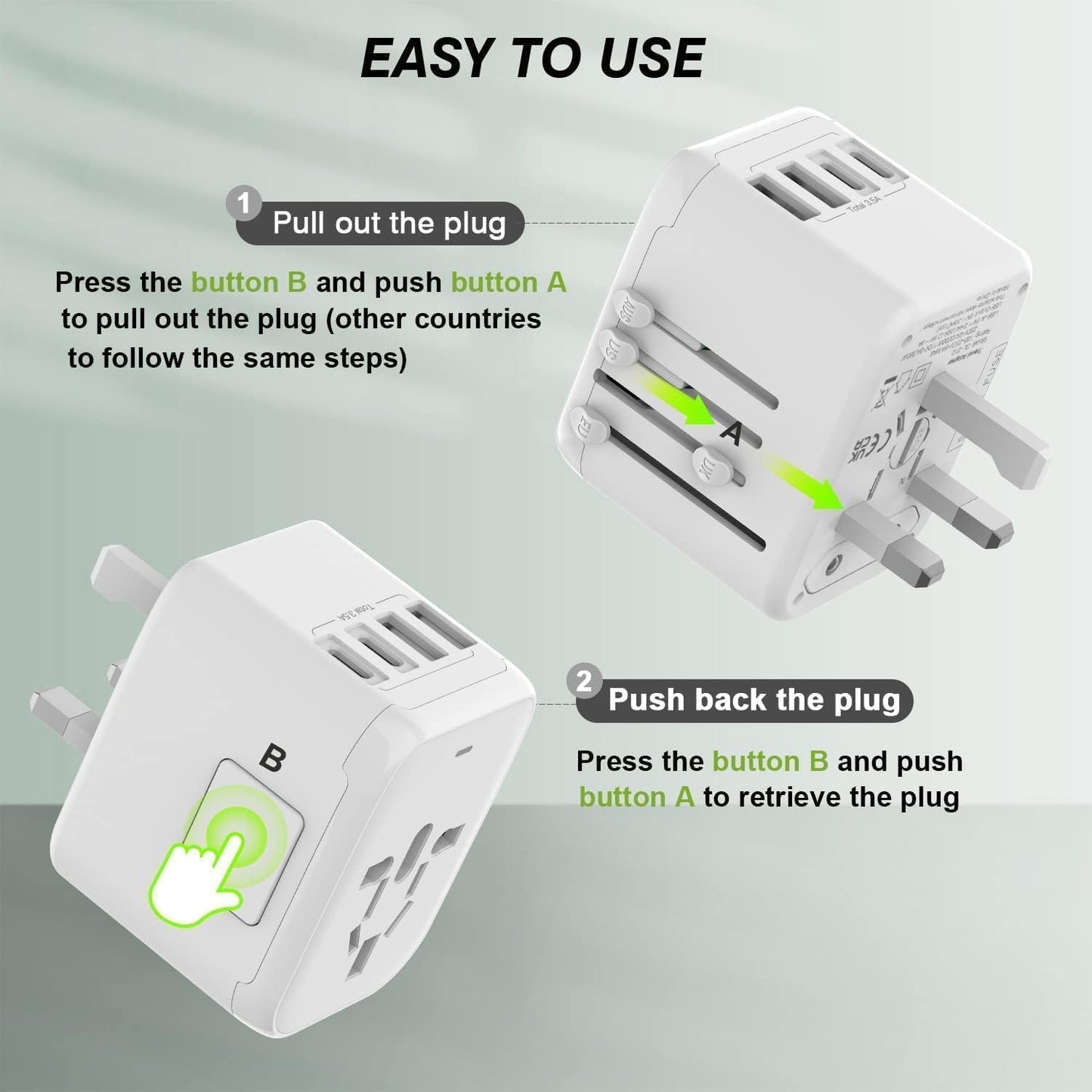 VYLEE Universal International Power Travel Plug Adapter, 5 in 1 European Travel Plug Adapter W/ 3.5A 2xUSB-A and 2xUSB C Wall Charger and Worldwide AC Outlet for Europe USA UK AUS Asia (White)