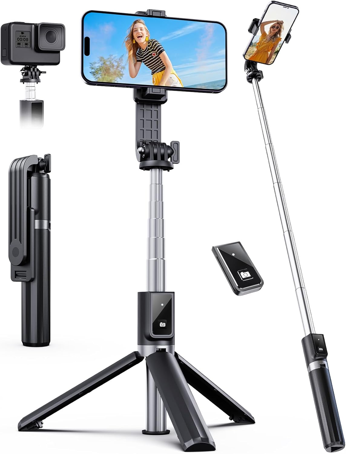 ANXRE Extendable Selfie Stick with Wireless Remote | Compact Portable for Travel, Compatible with iPhone Samsung Android Smartphones