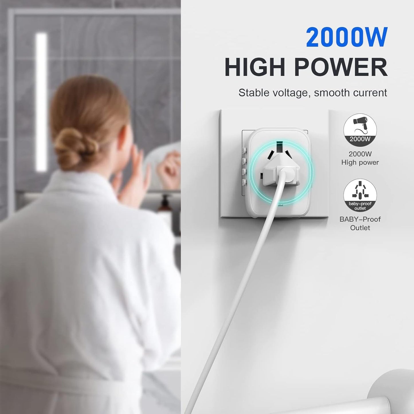 VYLEE Universal International Power Travel Plug Adapter, 5 in 1 European Travel Plug Adapter W/ 3.5A 2xUSB-A and 2xUSB C Wall Charger and Worldwide AC Outlet for Europe USA UK AUS Asia (White)