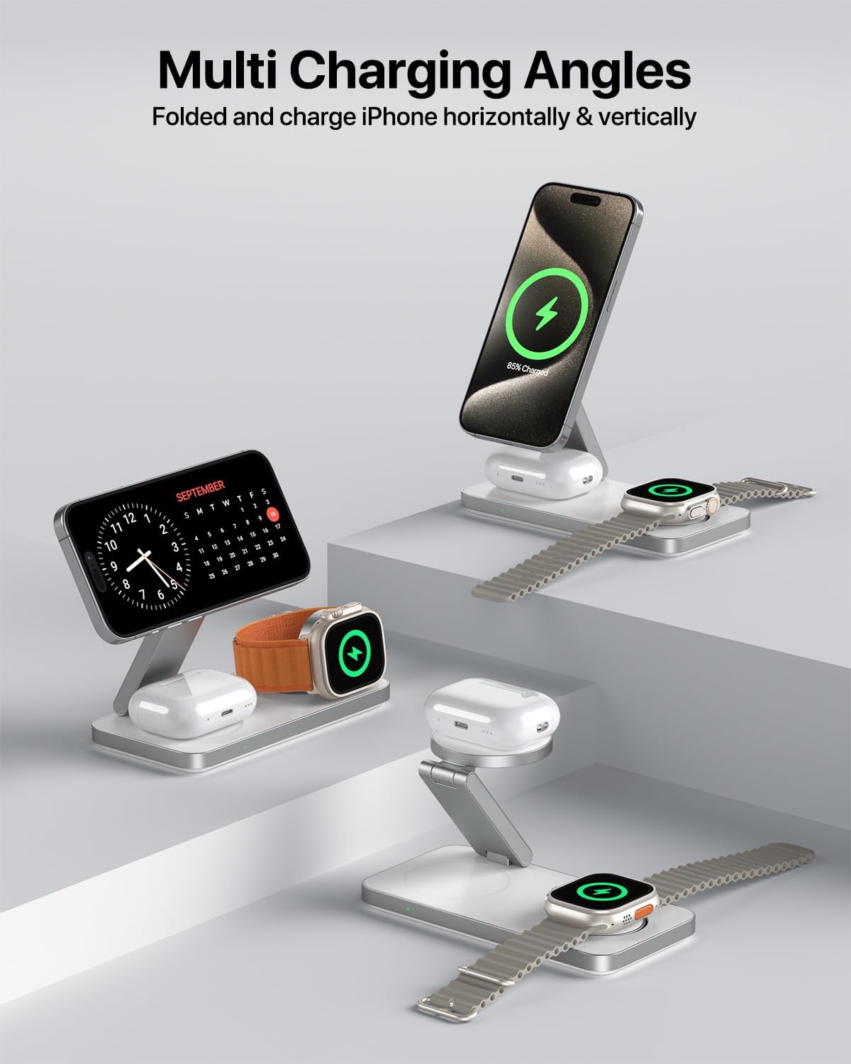 EXW Foldable 3 in 1 Wireless Charging Station for iPhone and Apple Watch,Compatible with Magsafe Charger Stand,Travel Bedside Fast Wireless Charger for iPhone 17e 17 Air 16 15 14 13 12 Series, Airpods