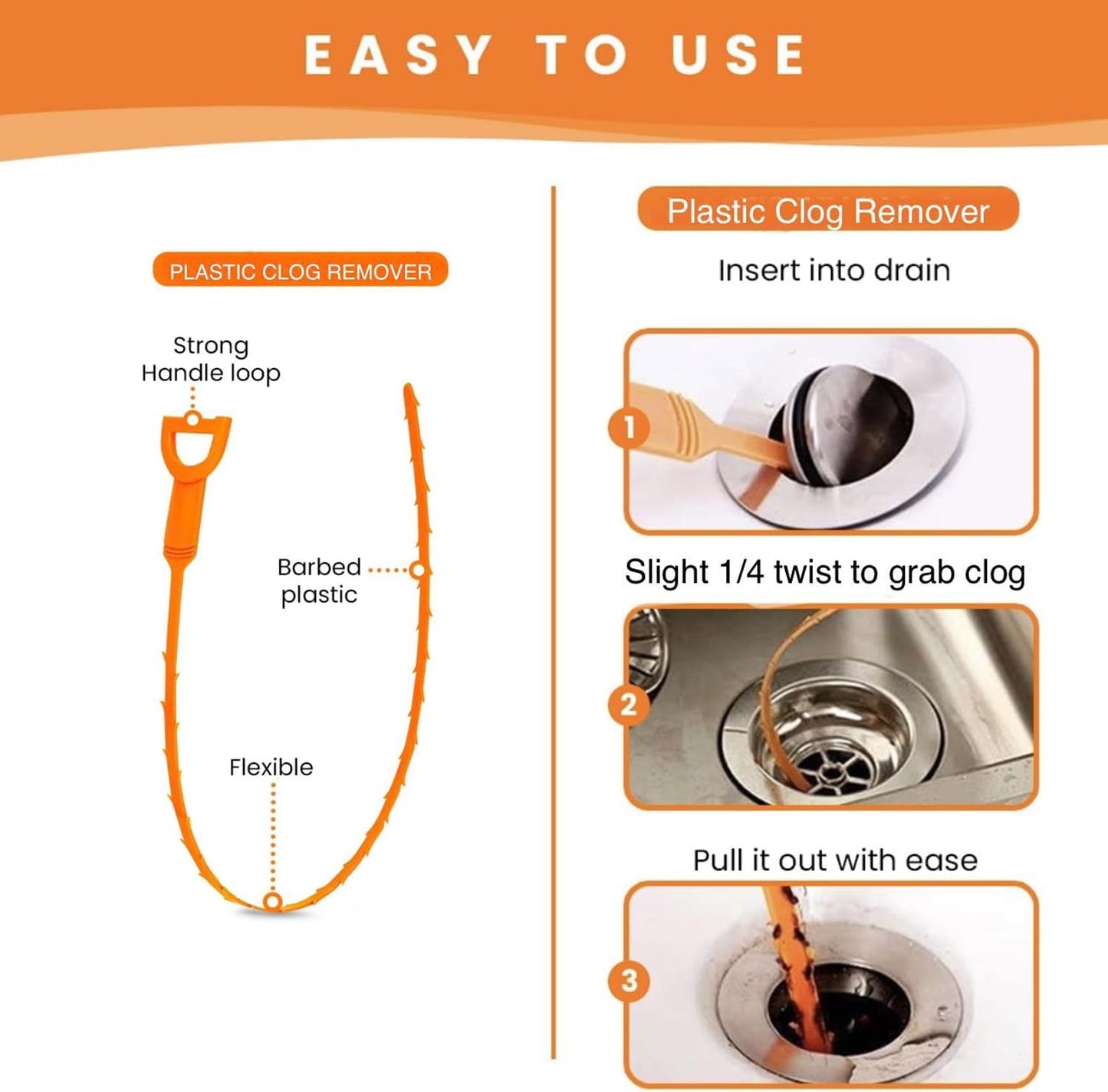 Drain Snake Hair Clog Remover 4 Pack – Drain Cleaner Tool for Sink, Shower, Bathtub, Tub (Orange)