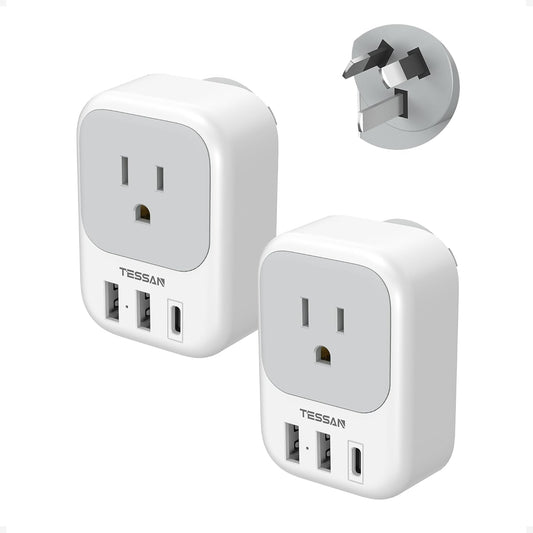 2 Pack Australia Travel Plug Adapter, TESSAN Canada to Australia Plug Adapter with 1 AC Outlet, 1 USB C and 2 USB A Ports, 4 in 1 Type I Travel Power Adaptor for New Zealand, China, Argentina, Fiji