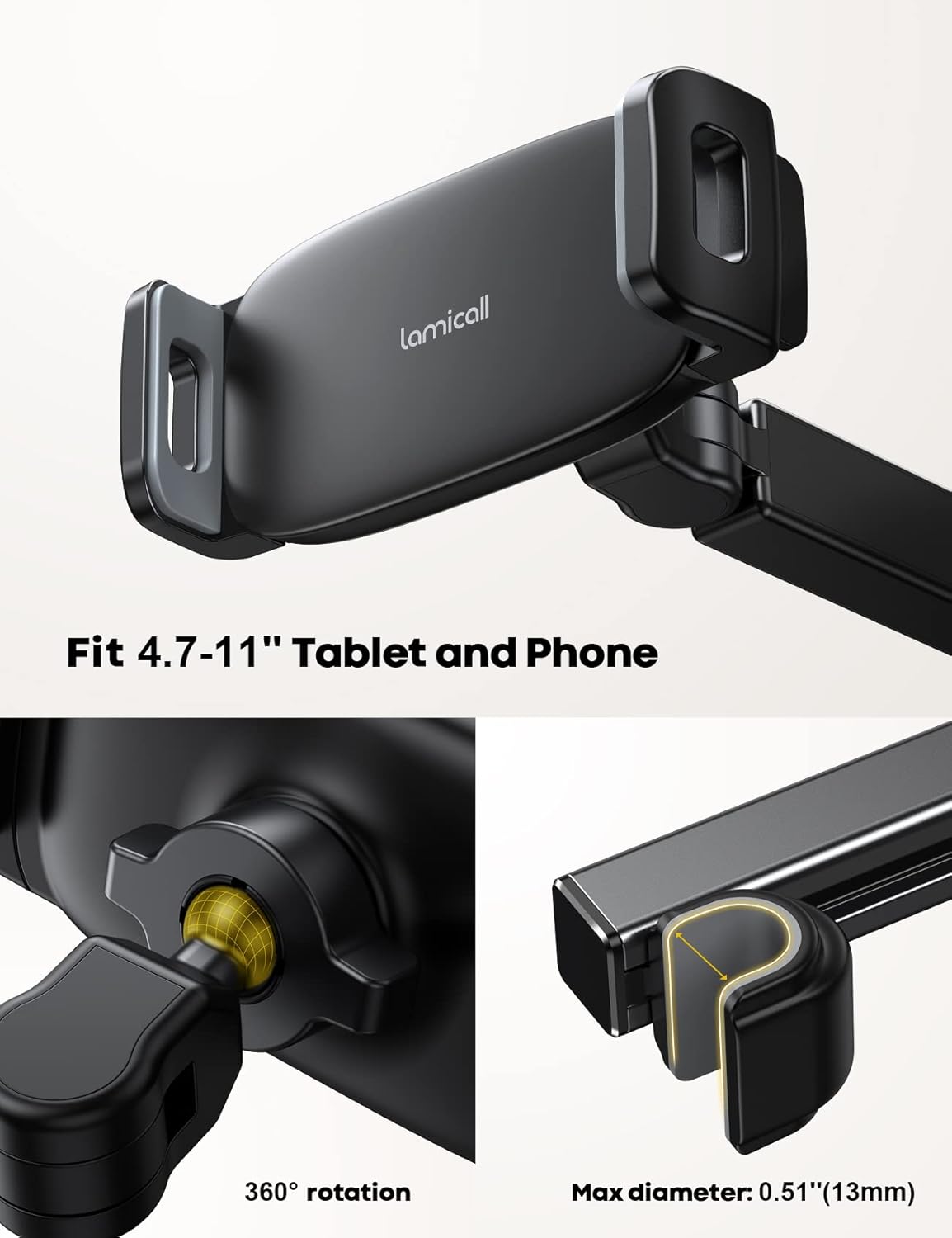 Lamicall Car Headrest Tablet Holder - [Extension Arm] Adjustable iPad Car Mount for Back Seat, Road Trip Essentials for Kids, 4.7-11" Tablet iPad Pro, Air, Mini, Galaxy, Fire, Mom Gift