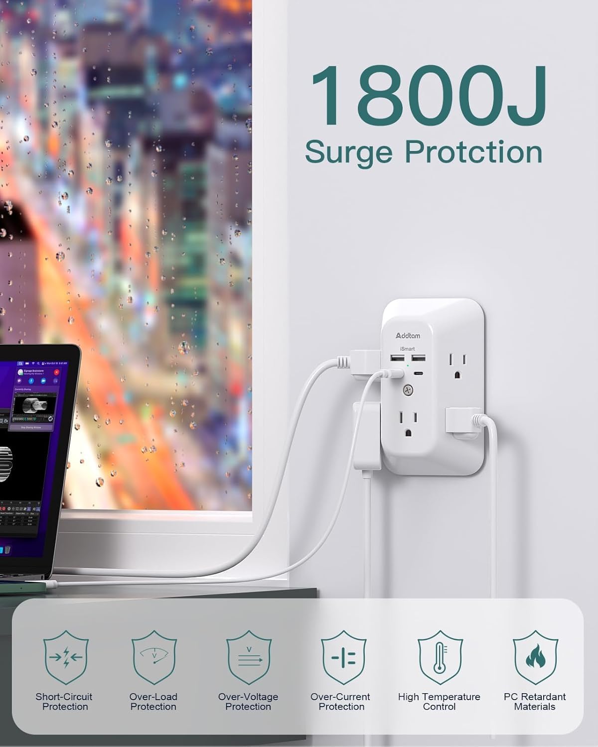 2 Pack USB Wall Charger Surge Protector, Multi Plug Outlet with 5 Outlet Extender and 4 USB Charging Ports (2 USB C Outlet) 3 Sided 1800J Power Bar for Home Travel Office