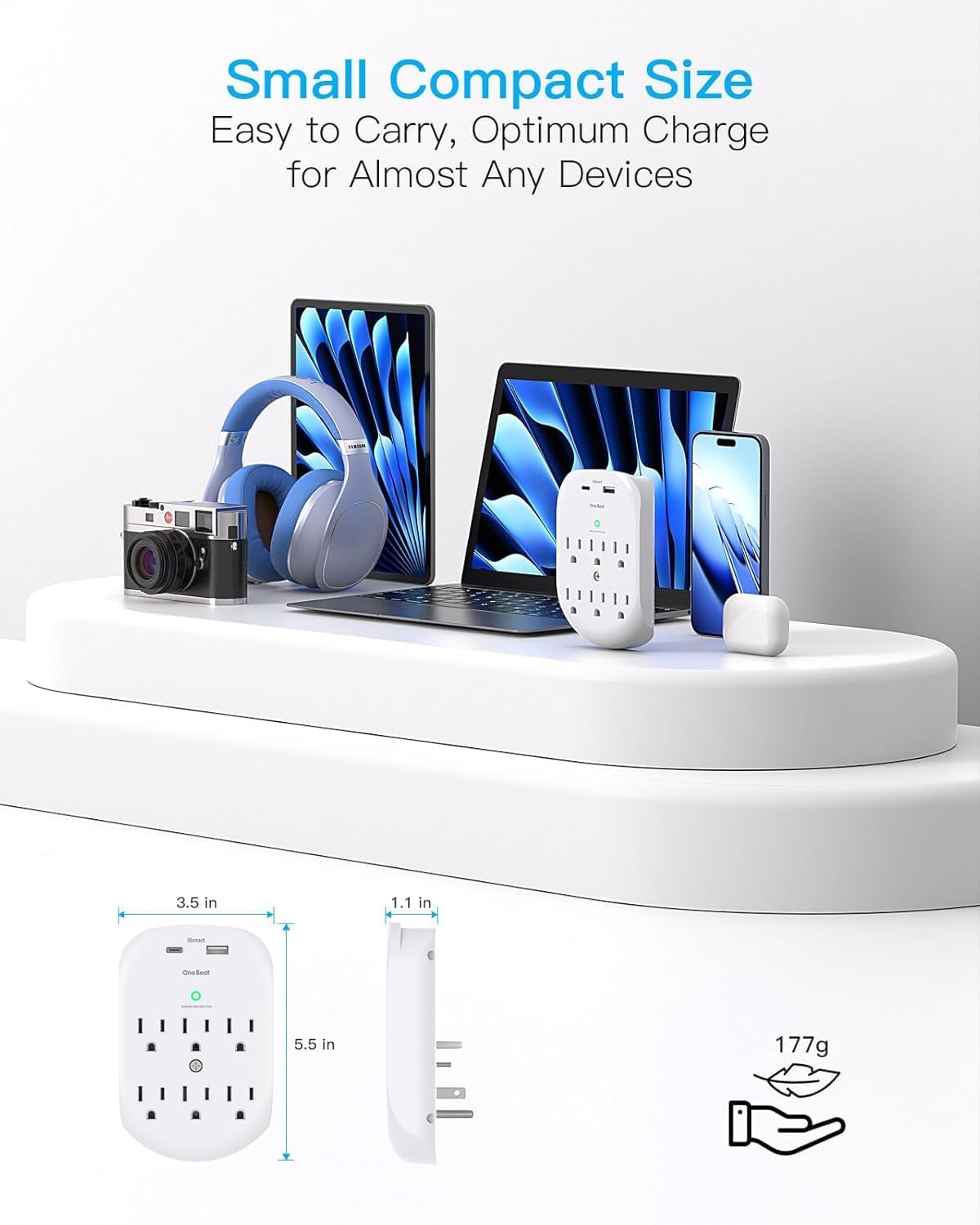 2 Pack 6-Outlet Wall Surge Protector, Multi Plug Outlet Extender, Outlet Wall Mount Adapter with 2 USB Charging Ports 2.4 A, 490 Joules for Home, School, Office