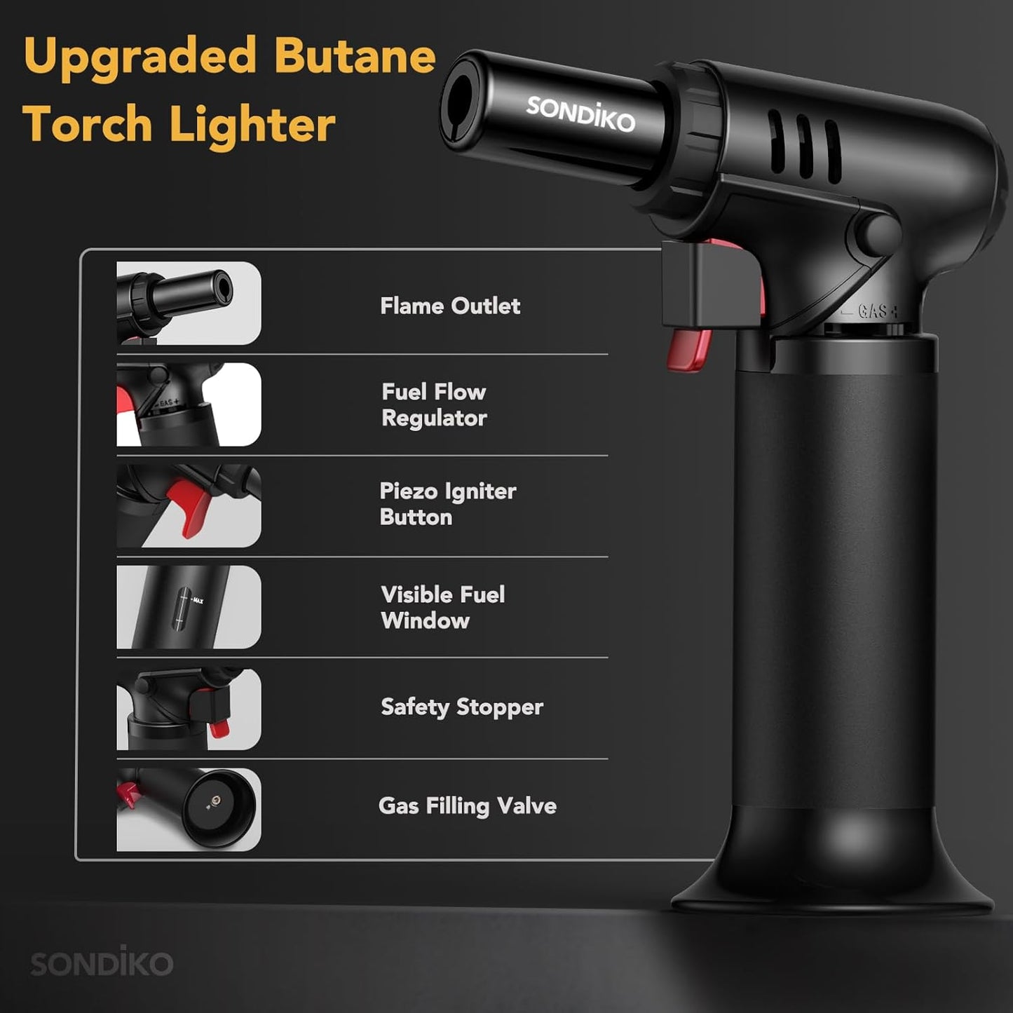 Sondiko Blow Torch with Fuel Gauge, Refillable Butane Torch Lighter with Safety Lock and Adjustable Flame, One-Handed Operation, Fit All Butane Tanks Kitchen Torch