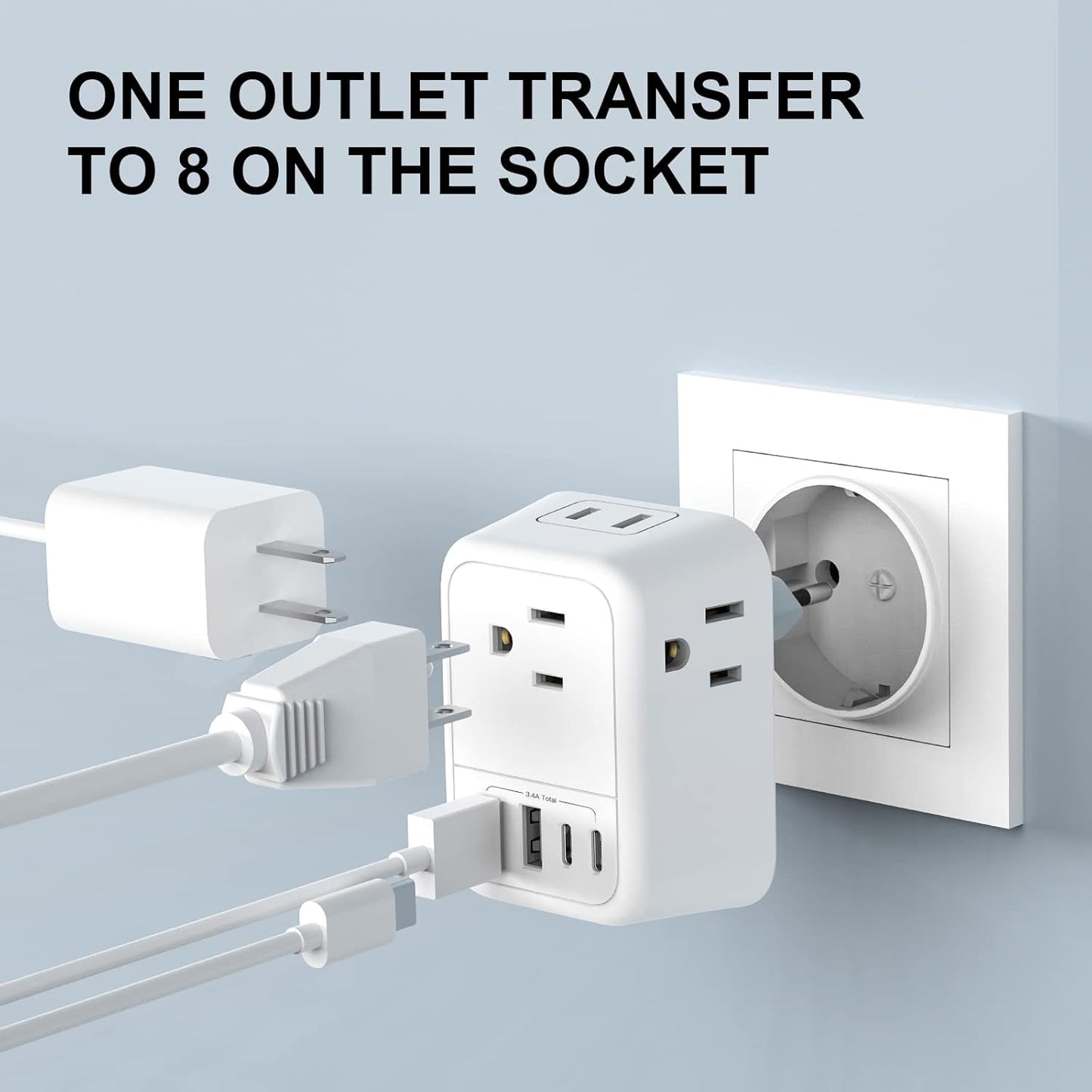 VYLEE Travel Plug Adapter, International Plug Adapter with 4 AC Outlets 4 USB Ports(2 USB C), Travel Adapter Type C Travel Essentials for US to Most Europe France Germany Italy Spain [1 Pack]
