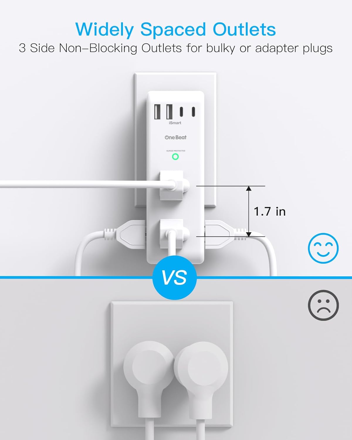 Surge Protector Outlet Extender - with Rotating Plug, 6 AC Multi Plug Outlet with 4 USB Ports (2 USB C), 1800 Joules, 3-Sided Swivel Power Bar with Spaced Splitter for Home, Office, Travel