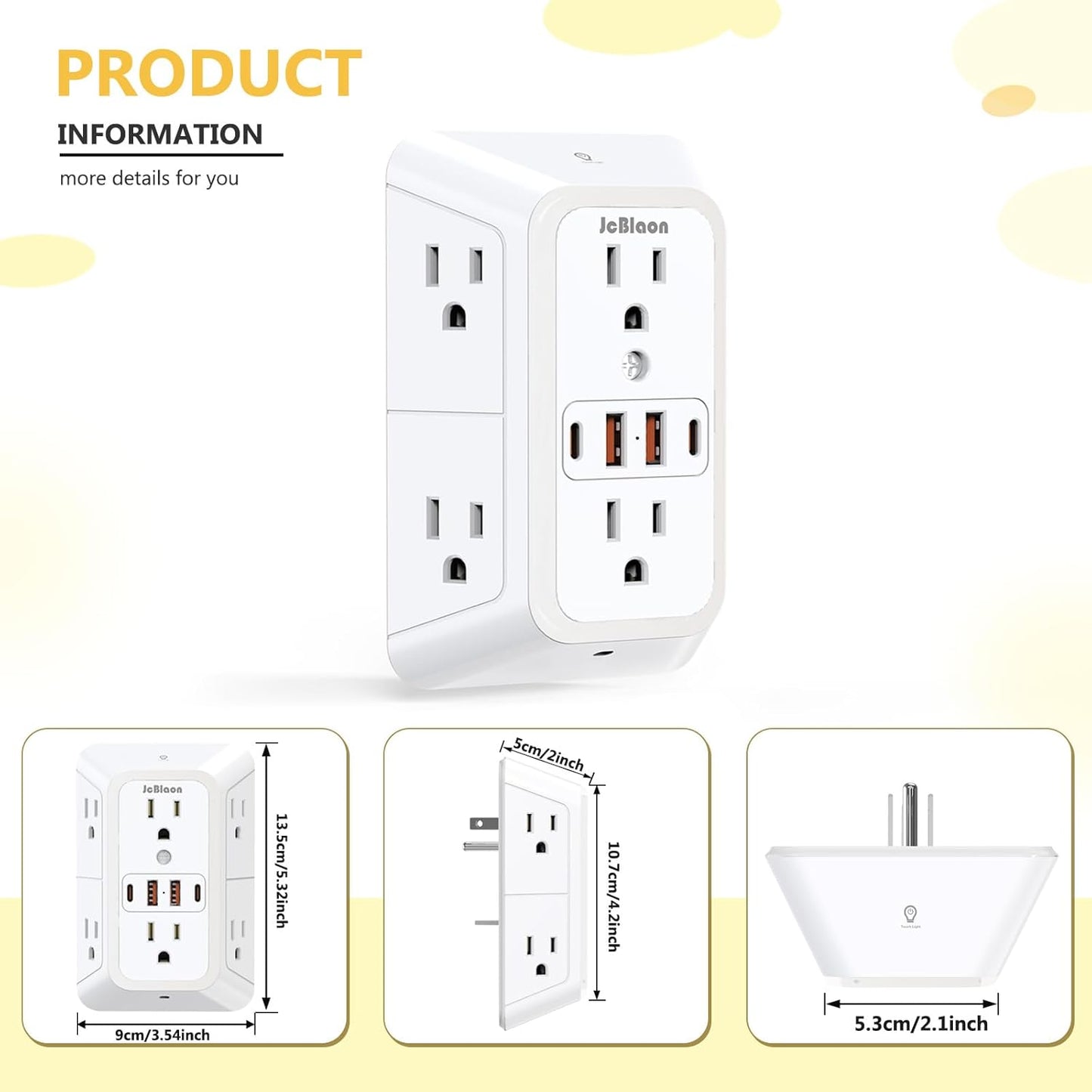 Wall Outlet Extender with Night Light, Power Plug Adapter 6 Outlet Extender with 4 USB Charging Ports 1050J Power Strip Multi Plug Adapter Spaced for Home Travel Office (2A2C)