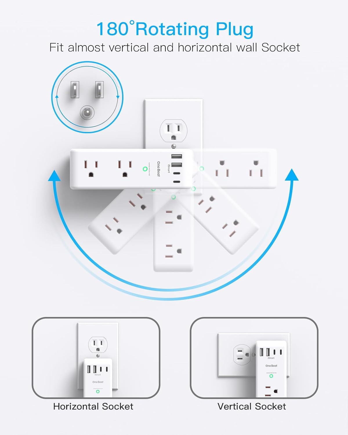 Surge Protector Outlet Extender - with Rotating Plug, 6 AC Multi Plug Outlet with 4 USB Ports (2 USB C), 1800 Joules, 3-Sided Swivel Power Bar with Spaced Splitter for Home, Office, Travel