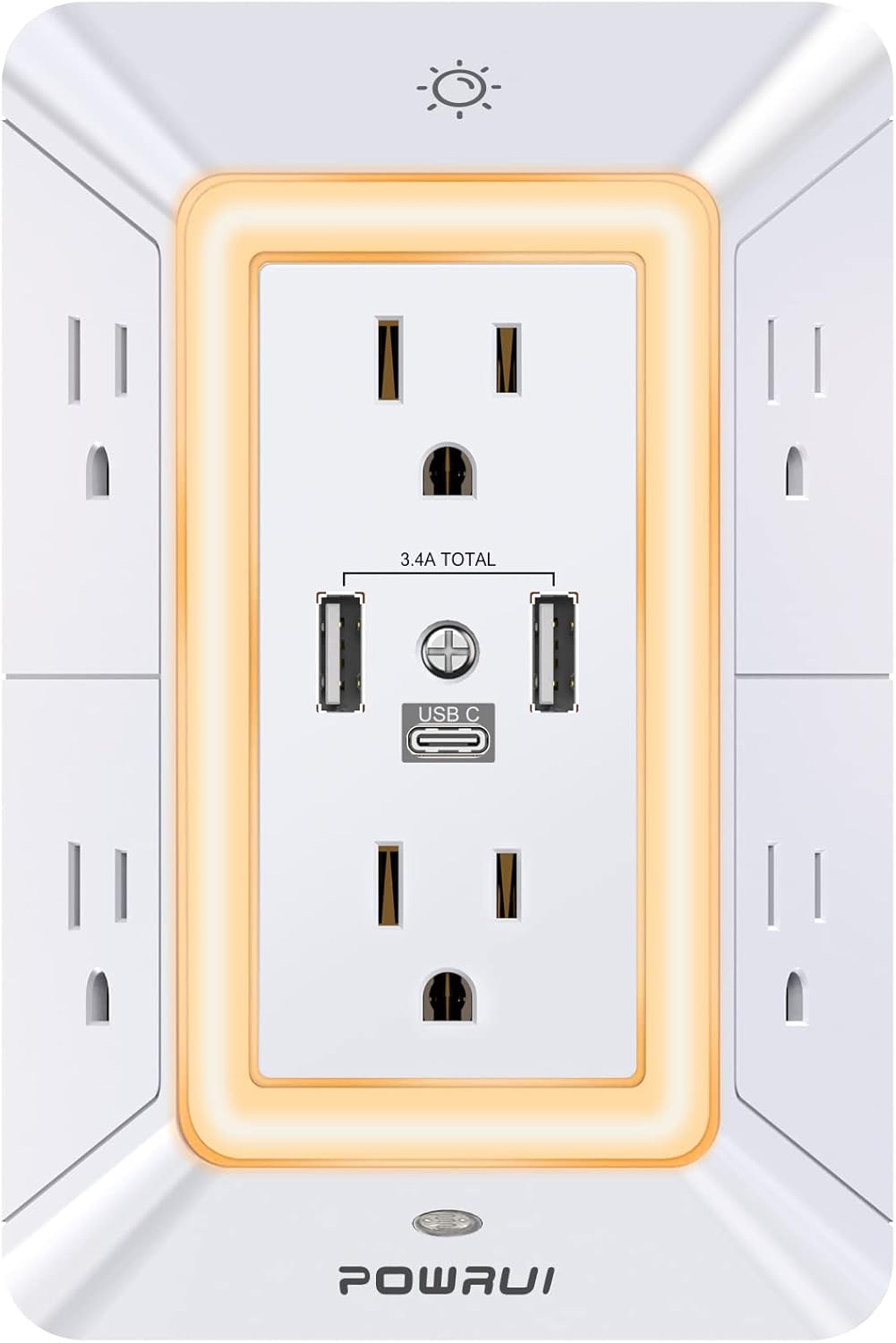 3-Sided Power Bars with Surge Protector, POWRUI 6-Outlet Extender with 3 USB Ports (1 USB C) and Night Light, Multi Plug Outlet and Spaced Outlets Adapter, ETL, White