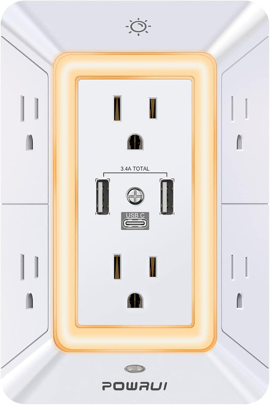 3-Sided Power Bars with Surge Protector, POWRUI 6-Outlet Extender with 3 USB Ports (1 USB C) and Night Light, Multi Plug Outlet and Spaced Outlets Adapter, ETL, White