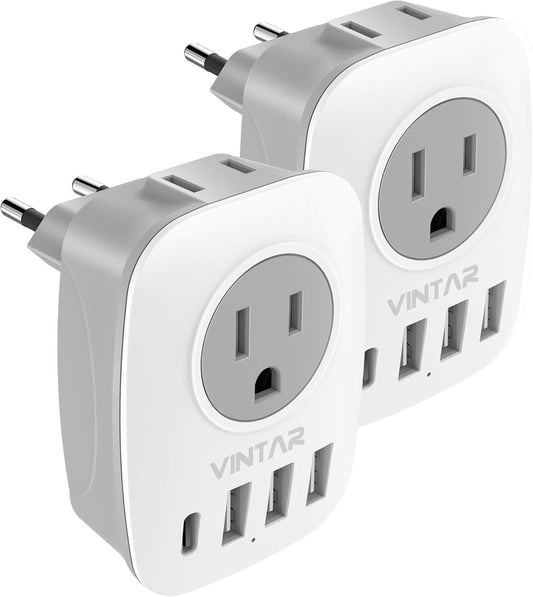 2 Pack European Plug Adapter, VINTAR Type C Travel Adapter for Europe with 2 AC Outlets and 4 USB Ports(1 USB C), Europe Travel Essentials Plug Converter for Canada to EU Italy Greece Spain France