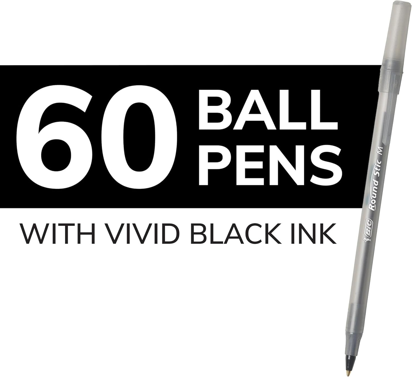 BIC Round Stic Extra Life Ballpoint Pens, School Supplies for Teachers and Students, 60-Count in Black