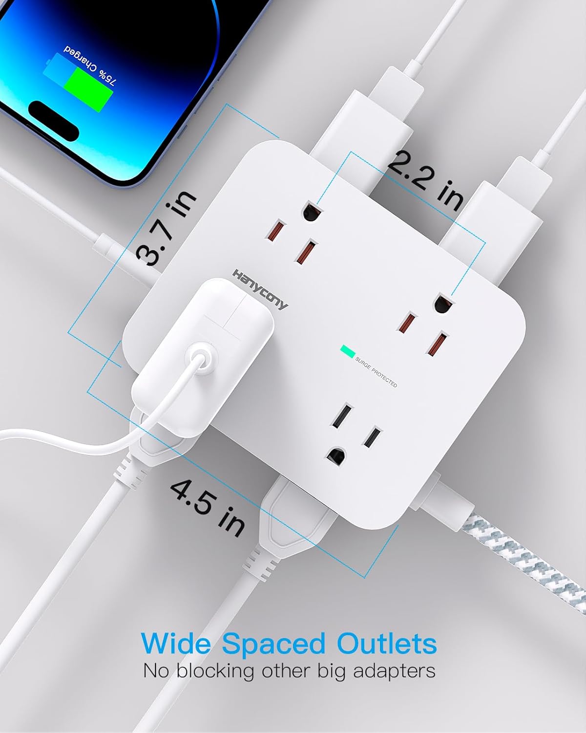 Surge Protector Power Bar - 8 Outlets 4 USB Charging Ports(2 USB C), Power Strip with 5Ft Braided Extension Cord, Flat Plug, Wall Mount Desk USB C Charging Station for Home Office College Essentials
