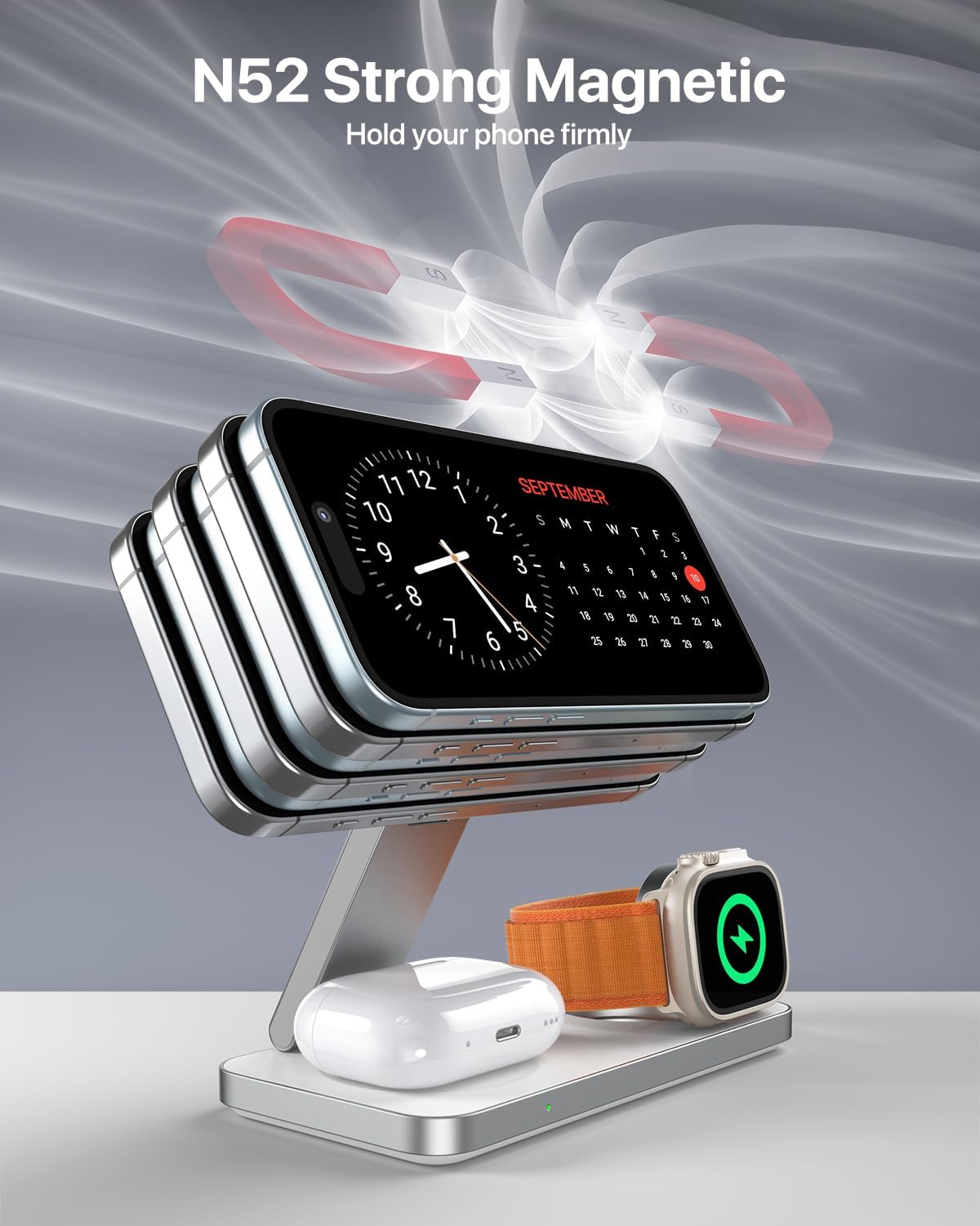 EXW Foldable 3 in 1 Wireless Charging Station for iPhone and Apple Watch,Compatible with Magsafe Charger Stand,Travel Bedside Fast Wireless Charger for iPhone 17e 17 Air 16 15 14 13 12 Series, Airpods