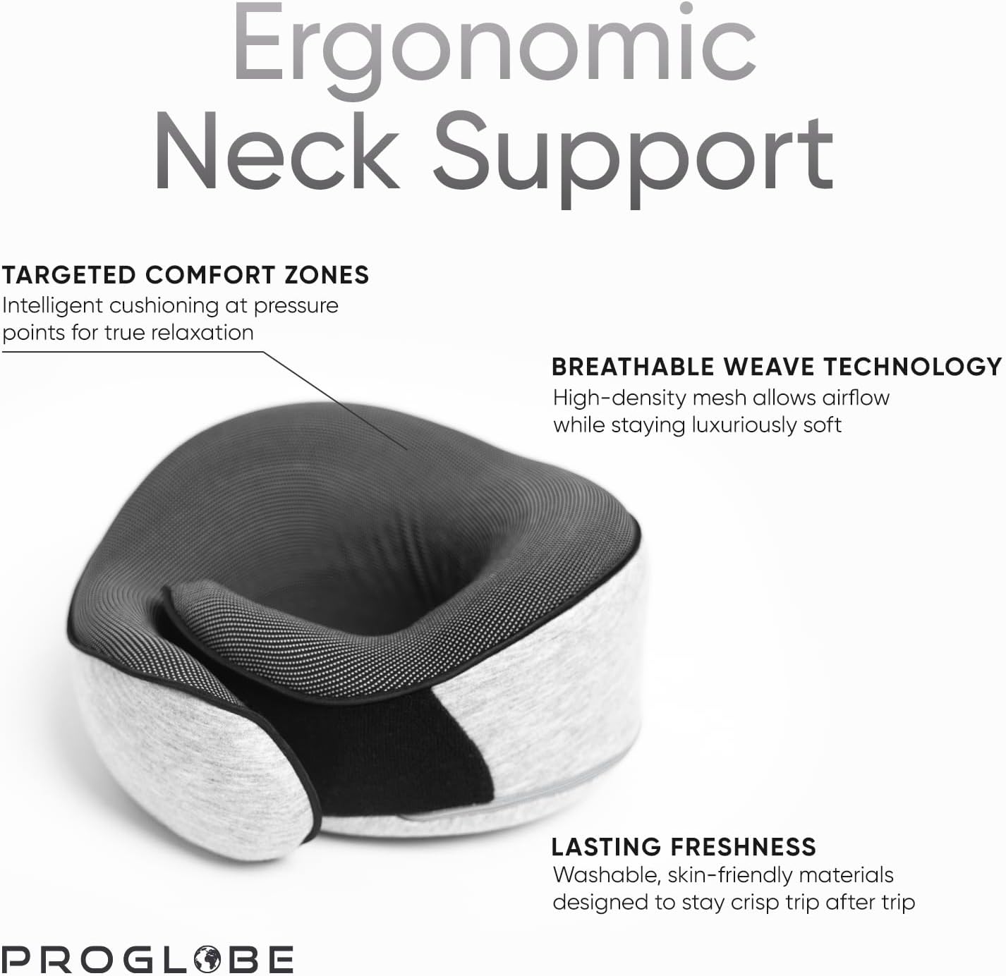 Proglobe Orthopedic Neck Pillow Travel Neck Pillows for Airplanes, Memory Foam Kit, Updated Resting Material, Airplane Travel Set with 3D Contoured Eye Masks, Earplugs, and Luxury Mesh Bag (Grey)