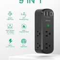 USB Outlet Extender Surge Protector - with Rotating Plug, 6 AC Multi Plug Outlet and 3 USB Ports (1 USB C), 3-Sided Swivel Power Strip with Spaced Outlet Splitter for Home, Office, Travel (Black)