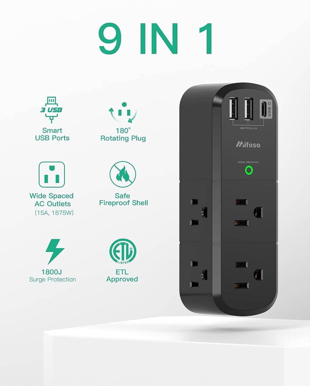 USB Outlet Extender Surge Protector - with Rotating Plug, 6 AC Multi Plug Outlet and 3 USB Ports (1 USB C), 3-Sided Swivel Power Strip with Spaced Outlet Splitter for Home, Office, Travel (Black)