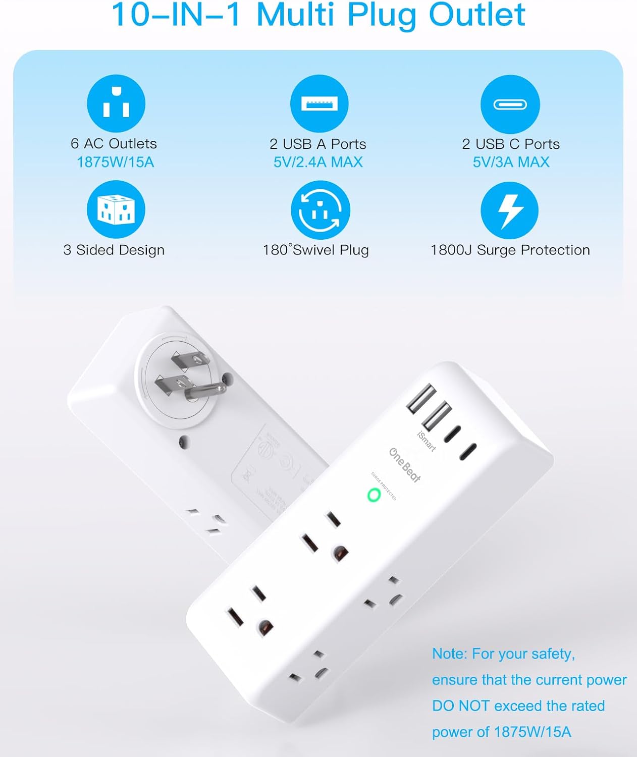 Surge Protector Outlet Extender - with Rotating Plug, 6 AC Multi Plug Outlet with 4 USB Ports (2 USB C), 1800 Joules, 3-Sided Swivel Power Bar with Spaced Splitter for Home, Office, Travel