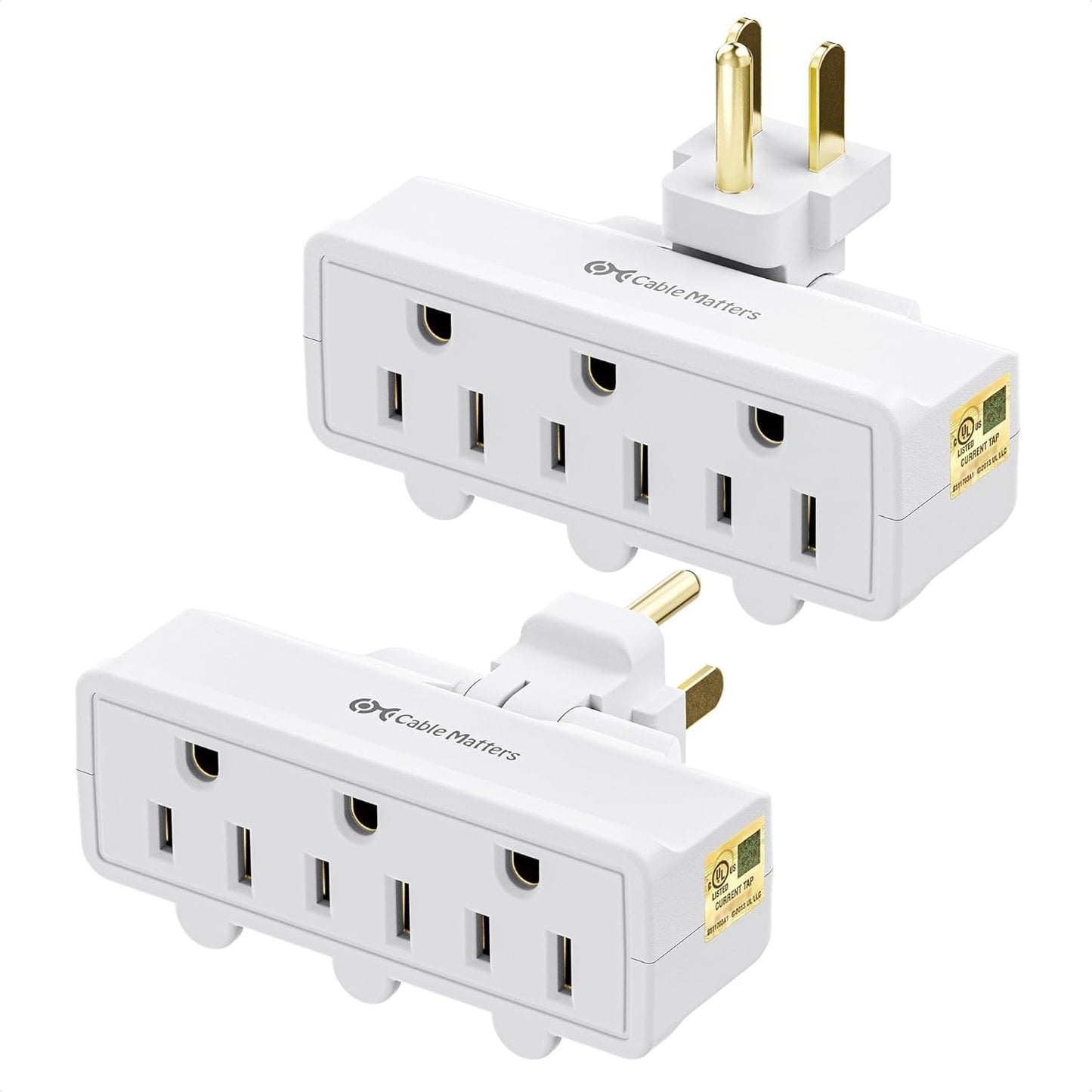 Cable Matters [cUL Listed] 2-Pack 3 Outlet Grounded 180 Degree Swivel Wall Tap in White Swivel / 3 Plug Outlet/Multi Plug Adapter