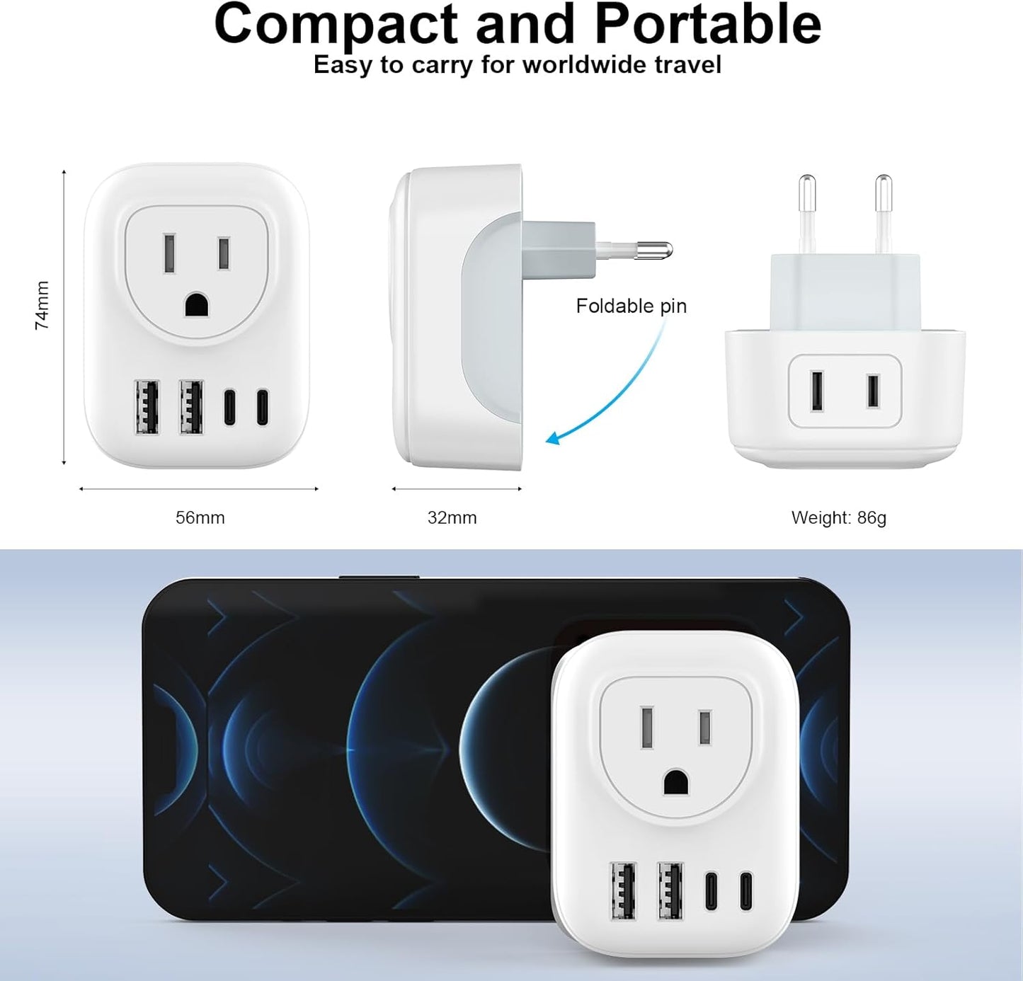 European Travel Plug Adapter, VYLEE PD 20W Type C Adapter with 4 AC Outlets 4 USB Ports(2 USB C), Travel Essentials Charger for US to Most of Europe EU Italy Spain France [1 Pack]